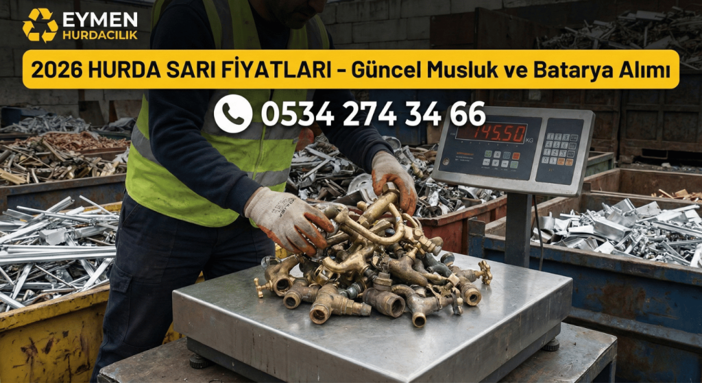 Eymen Hurdacılık çalışanı dijital kantarda sarı pirinç musluk hurdası tartıyor güncel fiyatlar iletişim 0534 274 34 66