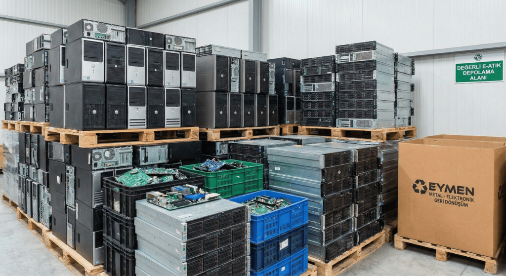 Depoda istiflenmiş eski bilgisayar kasaları sunucu hurdaları ve elektronik devre kartları Eymen Metal geri dönüşüm 0534 274 34 66
