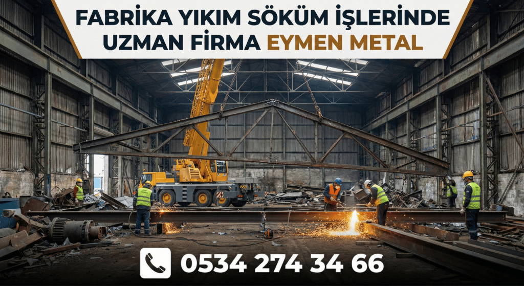 İstanbul fabrika söküm projesinde Eymen Metal ekibi vinç yardımıyla çelik çatı makaslarını kesip indiriyor telefon 0534 274 34 66
