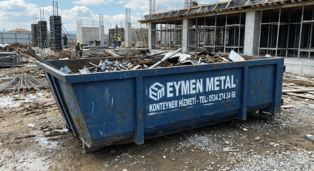 İnşaat sahasına bırakılan Eymen Metal logolu mavi hurda konteyneri ve dolum yapılmış demir atıklar telefon 0534 274 34 66