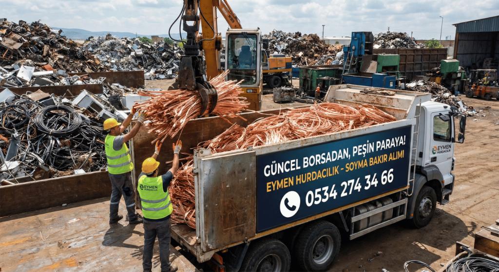 Eymen Hurdacılık kamyonuna vinç yardımıyla tonajlı hurda bakır yükleyen baretli işçiler şantiye hurda alımı 0534 274 34 66