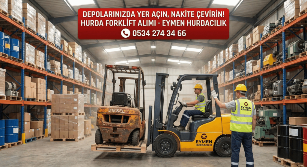 Lojistik deposunda kullanılamaz durumdaki eski hurda forklift aracı Eymen Hurdacılık nakliye aracına yükleniyor 0534 274 34 66