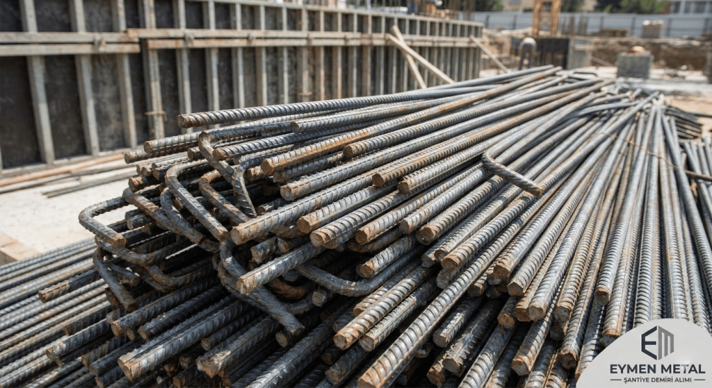 Şantiyede istiflenmiş nervürlü inşaat demiri hurdaları ve parça demirler yakından görünüm