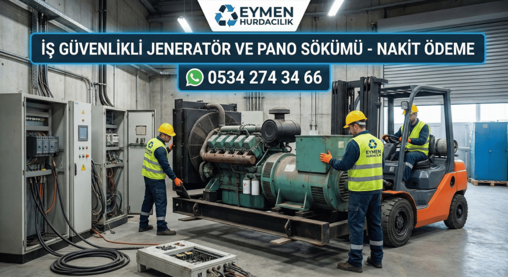 Eymen Hurdacılık uzman ekibi jeneratör odasında forklift ile güvenli jeneratör ve elektrik panosu sökümü yapıyor 0534 274 34 66