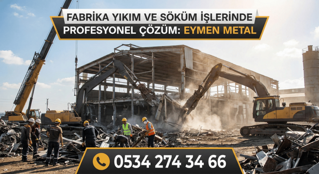 Eymen Metal ağır iş makineleri ve yıkım makasları ile dış mekanda fabrika binası yıkımı ve söküm işlemi gerçekleştiriyor