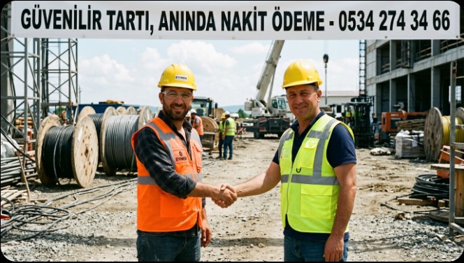 Şantiye sahasında el sıkışan müteahhit ve Eymen Hurdacılık yetkilisi makara hurdası alım anlaşması 0534 274 34 66