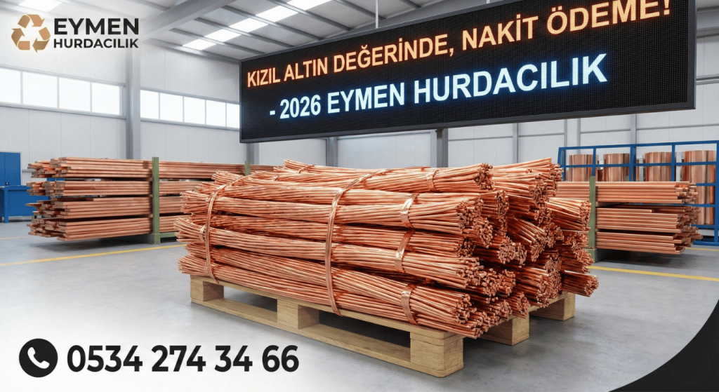 Fabrika deposunda paletler üzerinde düzenli istiflenmiş parlak soyma bakır ve lama bakır hurdaları Eymen Hurdacılık 0534 274 34 66
