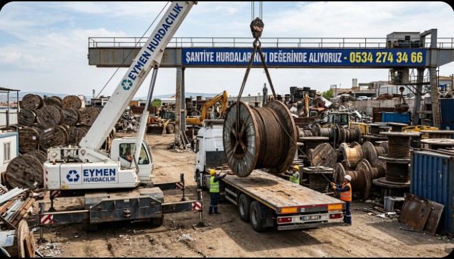 Eymen Hurdacılık vinçli aracı büyük bir şantiyeden devasa çelik kablo makaralarını yüklüyor iletişim 0534 274 34 66