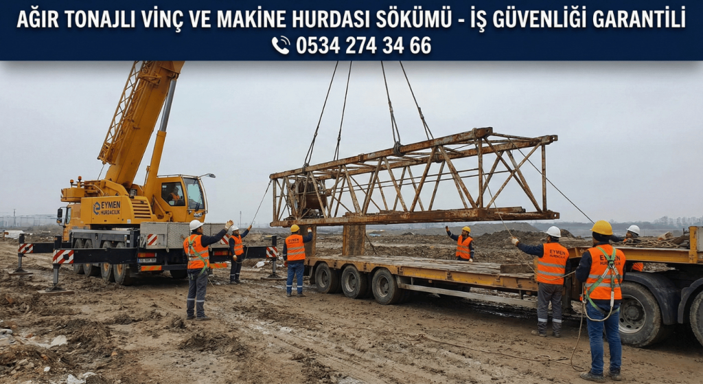Baretli Eymen Hurdacılık personeli şantiyede ağır tonajlı vinç hurdasını lowbed araca güvenle yüklüyor 0534 274 34 66