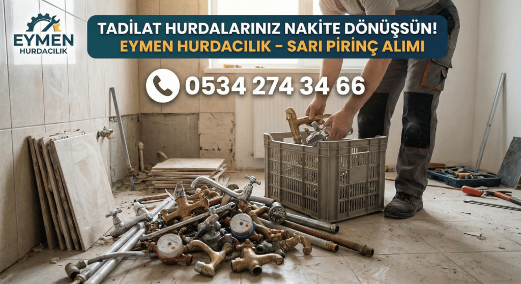 Banyo tadilatı yapan usta sökülen eski sarı musluk ve batarya hurdalarını kasaya topluyor Eymen Hurdacılık 0534 274 34 66