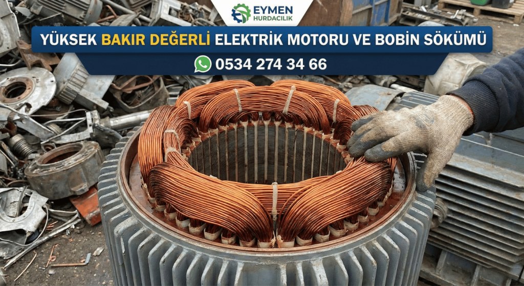 Elektrik motoru ve trafo hurdası içindeki kalın bakır sargıların (bobinlerin) yakın çekim fotoğrafı Eymen Hurdacılık