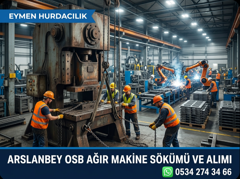 Eymen Hurdacılık vinçli tırı Arslanbey OSB içerisindeki bir fabrikada üretim alanını daraltan paslanmış ağır makine hurdalarını tahliye ediyor 0534 274 34 66