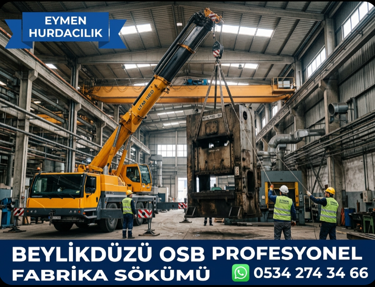 Eymen Hurdacılık uzman söküm ekibi Beylikdüzü Organize Sanayi Bölgesi içerisindeki bir fabrikada ağır makine hurdalarını vinçle güvenli şekilde söküyor 0534 274 34 66