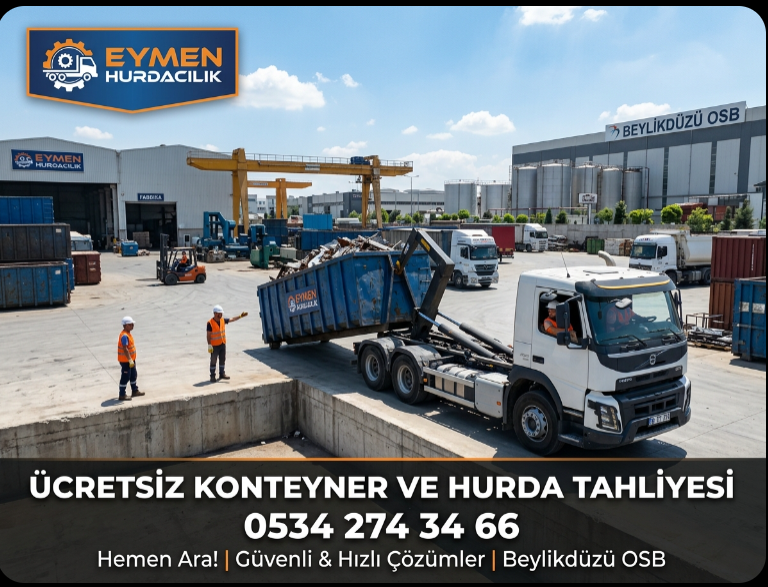 Beylikdüzü Organize Sanayi Bölgesi İBOSB içerisindeki büyük bir fabrikanın imalat sahasına Eymen Hurdacılık tarafından bırakılan kurumsal atık konteyneri 0534 274 34 66