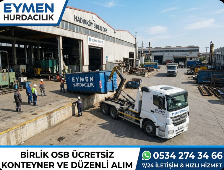 Eymen Hurdacılık vinçli kamyonu Hadımköy Birlik OSB içerisindeki bir ambalaj fabrikasının bahçesine kurumsal hurda konteyneri bırakıyor 0534 274 34 66