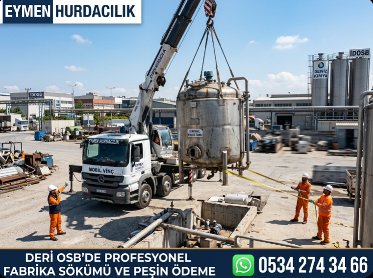Eymen Hurdacılık uzman ekipleri İstanbul Deri OSB İDOSB içerisindeki bir kimya tesisinde eski paslanmaz krom tank sökümü ve yüklemesi yapıyor 0534 274 34 66