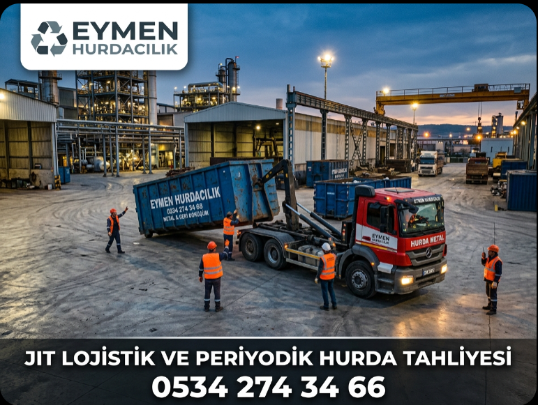 Eymen Hurdacılık vinçli hooklift tırı Dilovası Organize Sanayi Bölgesi DOSB içerisindeki modern bir fabrikanın imalat sahasına periyodik hurda toplama konteyneri bırakıyor 0534 274 34 66
