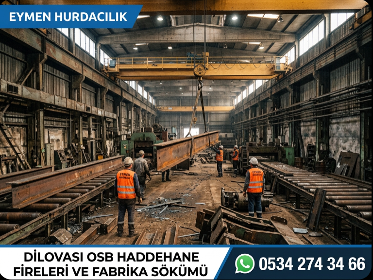 Eymen Hurdacılık uzman söküm ekibi Dilovası Organize Sanayi Bölgesi sahasında ağır sanayi haddehane firelerini ve çelik reaktörleri vinçle güvenli şekilde söküyor 0534 274 34 66
