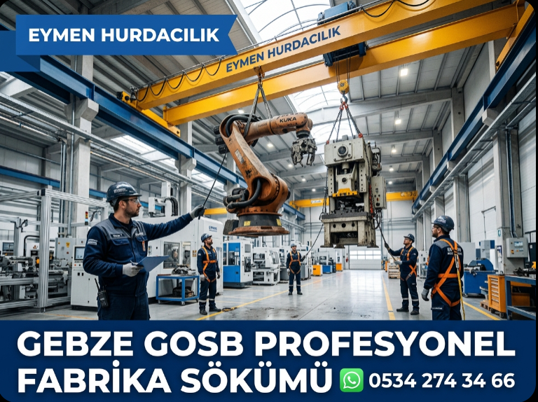 Eymen Hurdacılık uzman söküm ekibi Gebze Organize Sanayi Bölgesi GOSB içerisindeki modern bir otomotiv fabrikasında ağır pres makinelerini ve robotik kolları vinçle güvenli şekilde söküyor 0534 274 34 66