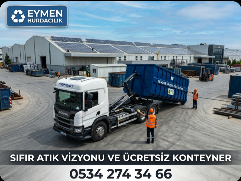 Gebze Organize Sanayi Bölgesi GOSB içerisindeki yüksek teknolojili bir fabrikanın imalat sahasına Eymen Hurdacılık tarafından sıfır atık yönetimi için bırakılan atık konteyneri 0534 274 34 66