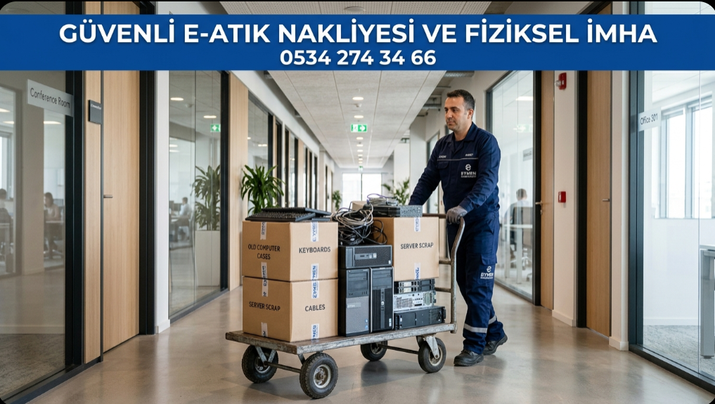 Eymen Hurdacılık görevlisi şirket ofisinde eski bilgisayar kasalarını ve elektronik hurdaları güvenle taşıyor veri imhası garantisi 0534 274 34 66