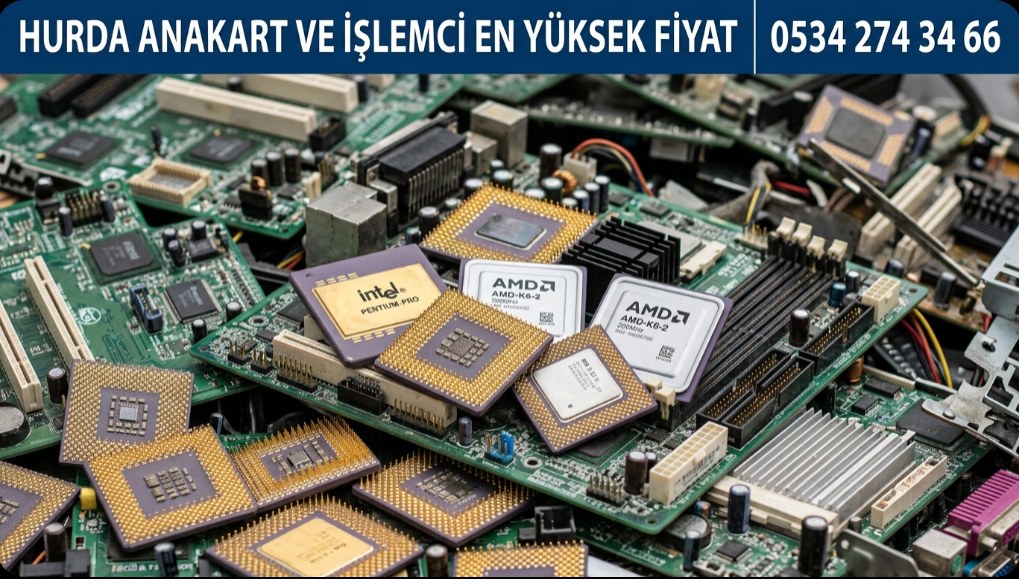 Altın pinli eski işlemci hurdaları ve bilgisayar anakart hurdalarının yakın çekim detay fotoğrafı Eymen Hurdacılık 0534 274 34 66