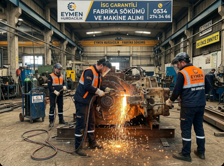 Eymen Hurdacılık uzman söküm ekibi Tuzla OSB içerisindeki bir fabrikada ağır makineleri iş güvenliği kurallarına uygun şekilde söküyor 0534 274 34 66