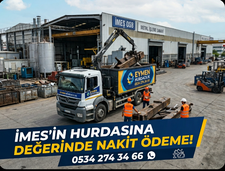 İMES OSB içerisinde endüstriyel hurda toplama ve değerinde nakit ödeme hizmeti. Görsel Açıklaması (Description): İMES OSB'de modern bir fabrika önünde, üzerinde Eymen Hurdacılık logosu bulunan bir kamyon ve profesyonel kıyafetli çalışanlar endüstriyel metal atıkları yüklerken.