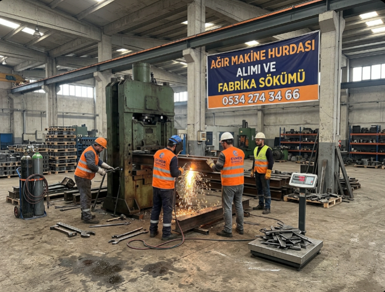 İkitelli OSB'de bir fabrika içinde uzman söküm ekibi oksijenle ağır makine hurdası kesimi yapıyor ve tartıyor 0534 274 34 66