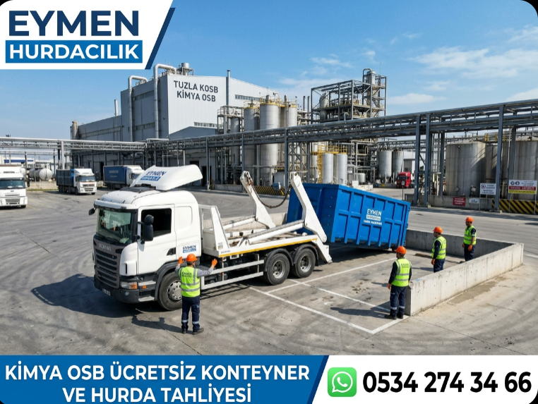Eymen Hurdacılık vinçli aracı Tuzla Kimya OSB KOSB içerisindeki bir üretim tesisine periyodik hurda toplama konteyneri bırakıyor 0534 274 34 66
