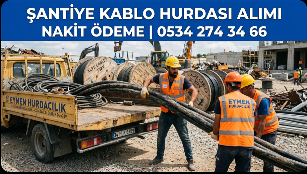 Eymen Hurdacılık personeli şantiye alanında kalın XLPE yer altı elektrik kablosu hurdalarını nakliye aracına yüklüyor 0534 274 34 66