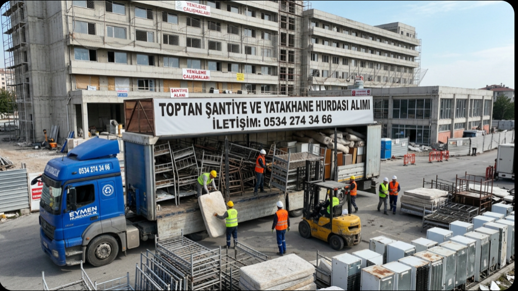 Şantiye yatakhanesinden sökülen demir ranzalar ve ikinci el eşyalar Eymen Hurdacılık tırlarına toptan yükleniyor 0534 274 34 66