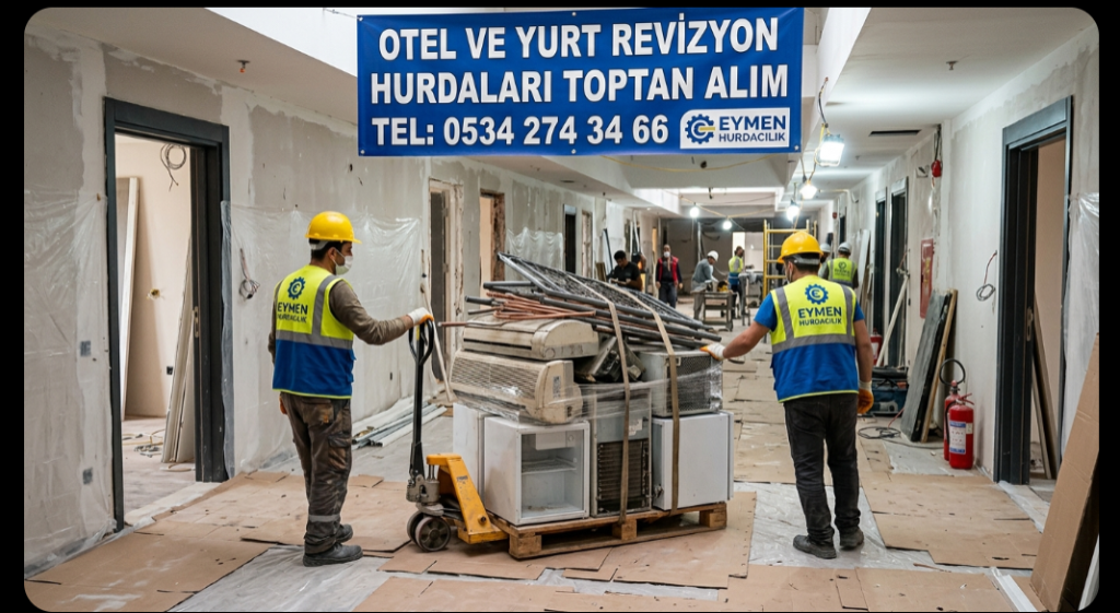 Eymen Hurdacılık personeli otel tadilatı sırasında odalardan sökülen eski klima ranza ve mini dolapları taşıyor 0534 274 34 66