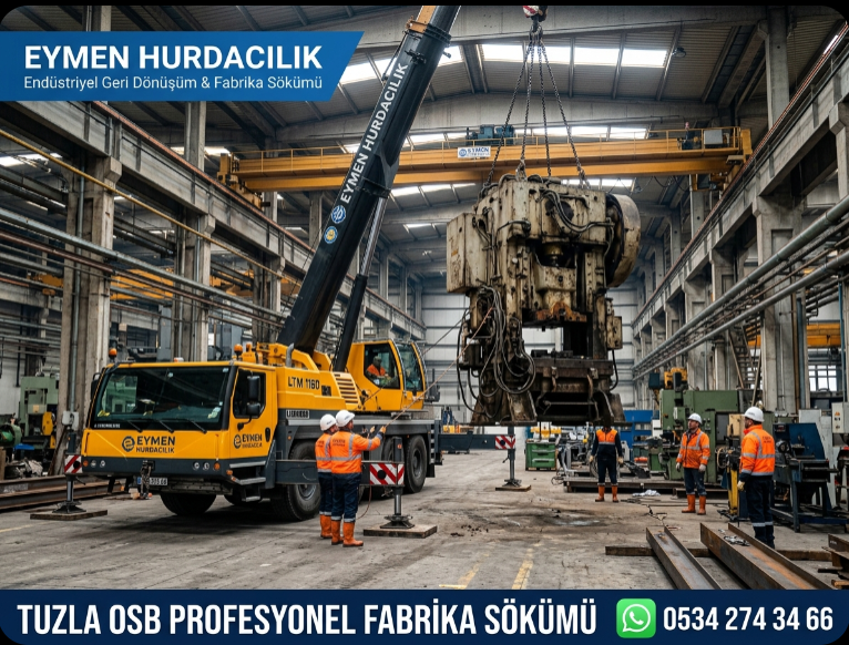 Eymen Hurdacılık uzman söküm ekibi Tuzla Organize Sanayi Bölgesi içerisindeki bir otomotiv fabrikasında ağır makine hurdalarını vinçle güvenli şekilde söküyor 0534 274 34 66