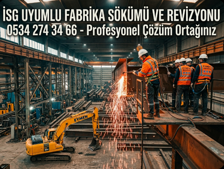 Gebze Güzeller OSB'de İSG kurallarına tam uyumlu olarak fabrika sökümü ve çelik konstrüksiyon yıkımı yapan Eymen Hurdacılık ekibi.