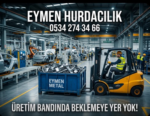 Tosb Otomotiv OSB bölgesinde Eymen Hurdacılık tarafından fabrikanın üretim bandına bırakılmış sızdırmaz hurda demir konteyneri ve forklift.